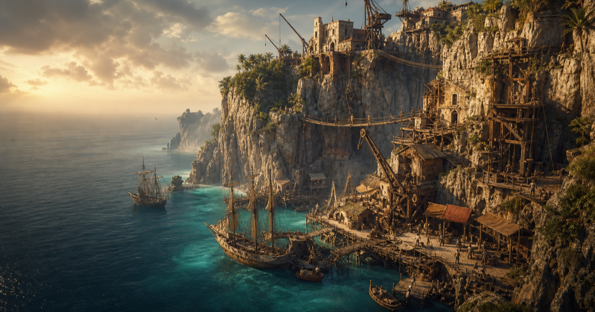 Original cinematic illustration of a vertical pirate haven built across warm sea cliffs